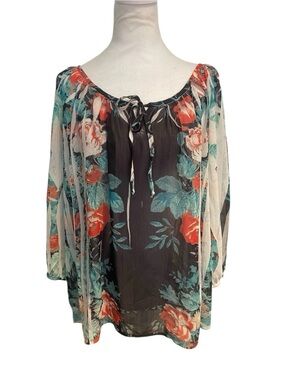 AGB XL Sheer Floral Tunic Blouse Romantic Classy Lightweight Boho Top